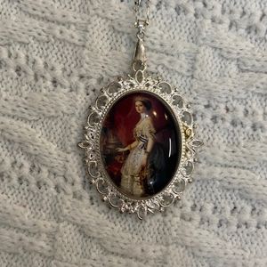 Vintage Style Glass Cabochon Victorian Lady in Red Pendant Necklace